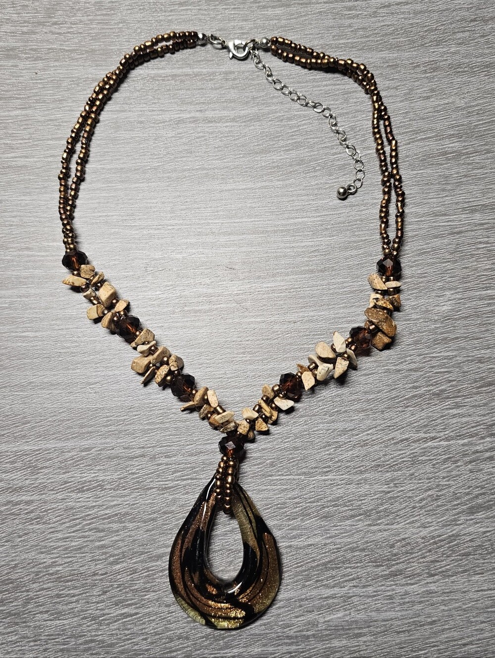 Vintage Brown Beaded Glass Pendant Necklace